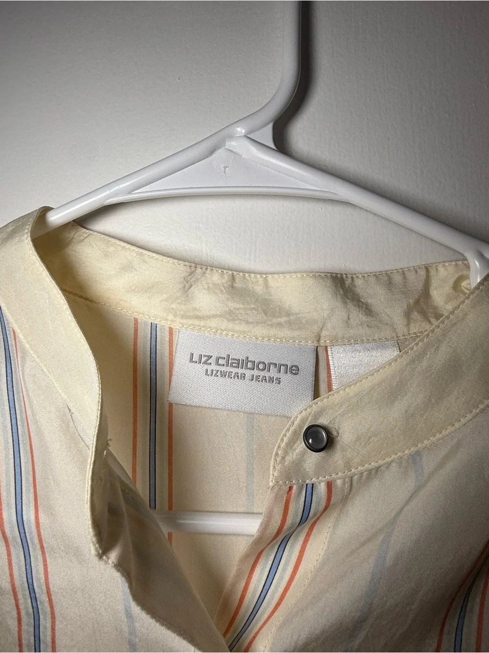 Liz Claiborne Cream Striped Band-Collar Shirt - Picture 2 of 6